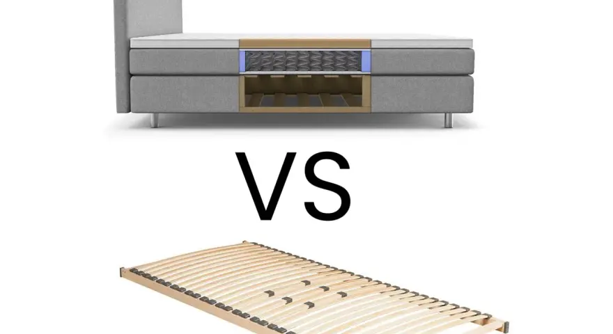 Boxspringbett mit Federkern im Schnitt gegenüber einem Lattenrost. Welches Bett ist das Richtige für Sie?