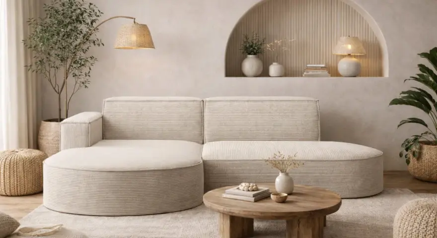 Ein gemütliches, beigefarbenes **Ecksofa mitten im Raum** lädt zum Entspannen ein. Ein runder Holztisch und ein Teppich vervollständigen das Bild.