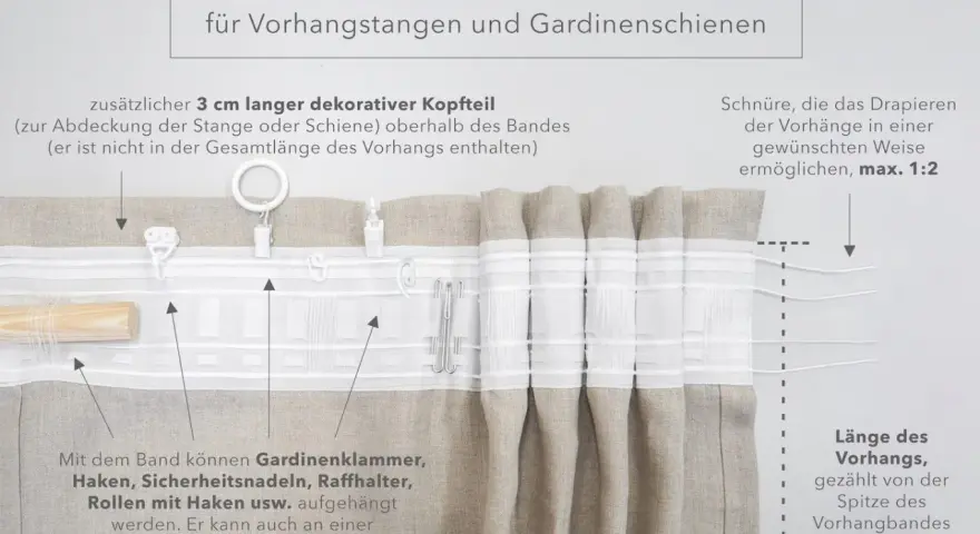 Nahaufnahme eines Gardinenbandes mit Haken und Schnüren zur Aufhängung von Vorhängen.
