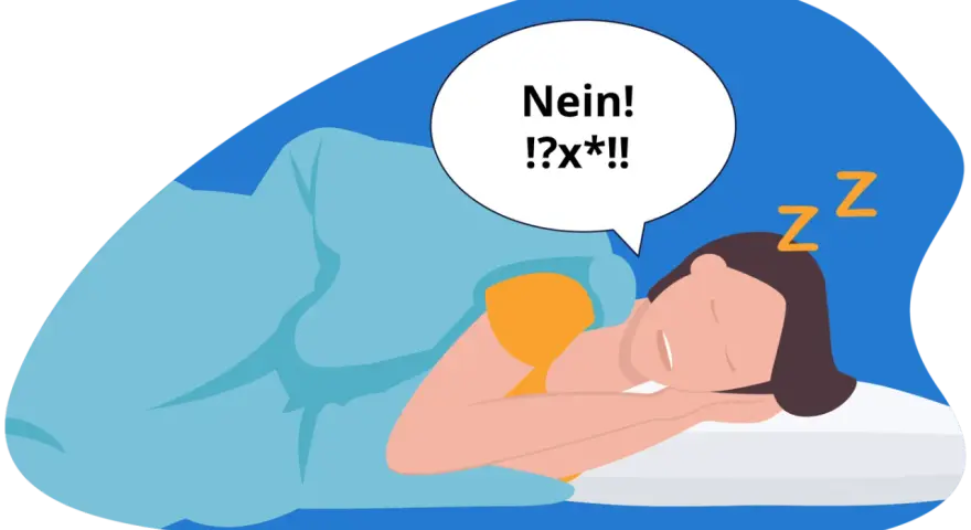 Eine Person schläft und murmelt "Nein! !?x*!!". Die Frage, warum man im Schlaf redet, wird hier humorvoll dargestellt.
