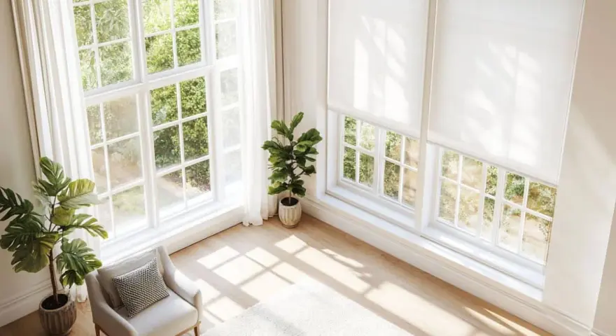Helle Fenstergestaltung im Wohnzimmer ohne Gardinen. Sonnenschein fällt durch große Fenster auf Holzboden. Pflanzen und Sessel schaffen Gemütlichkeit.