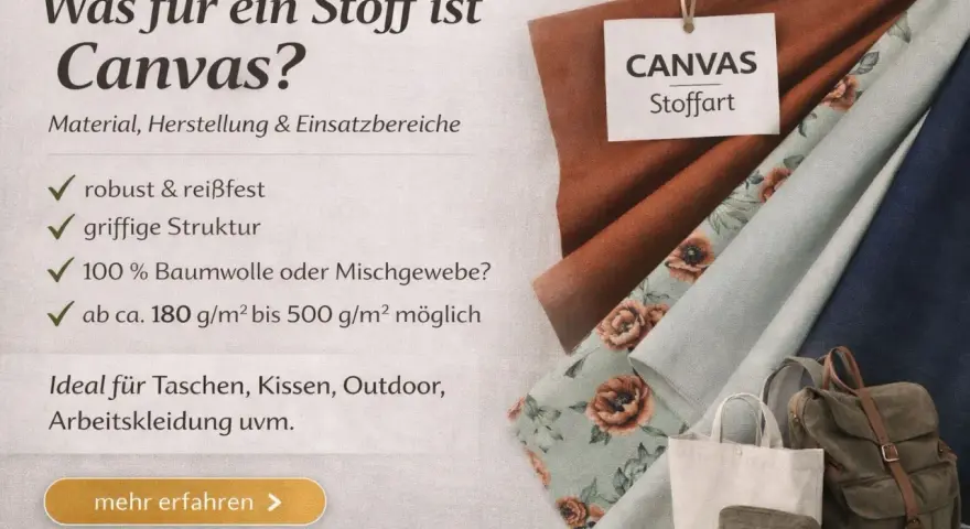 Canvas Stoffart: robust, reißfest, griffige Struktur, 100% Baumwolle/Mischgewebe, 180-500 g/m². Ideal für Taschen, Kissen, Outdoor.