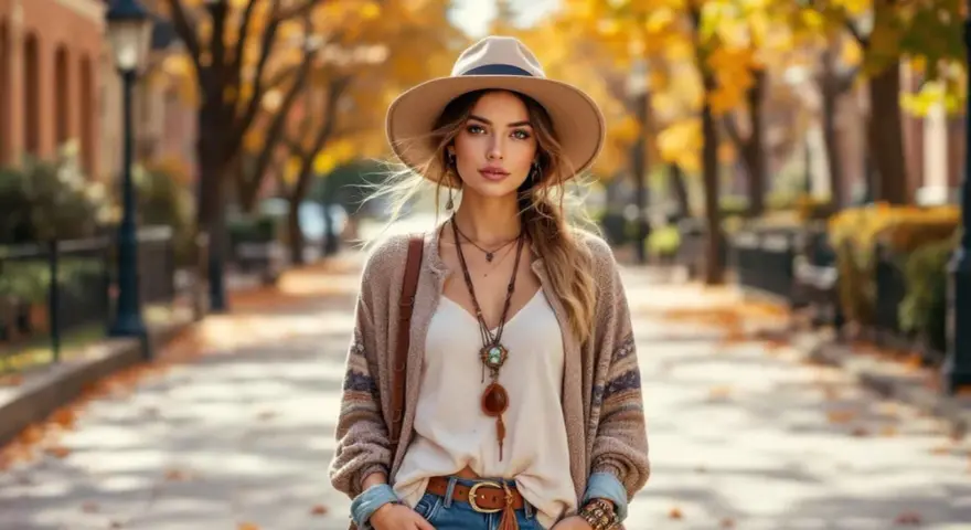 Frau im Fedora-Hut und Strickjacke mit boho Muster, lässiger Herbst-Look.