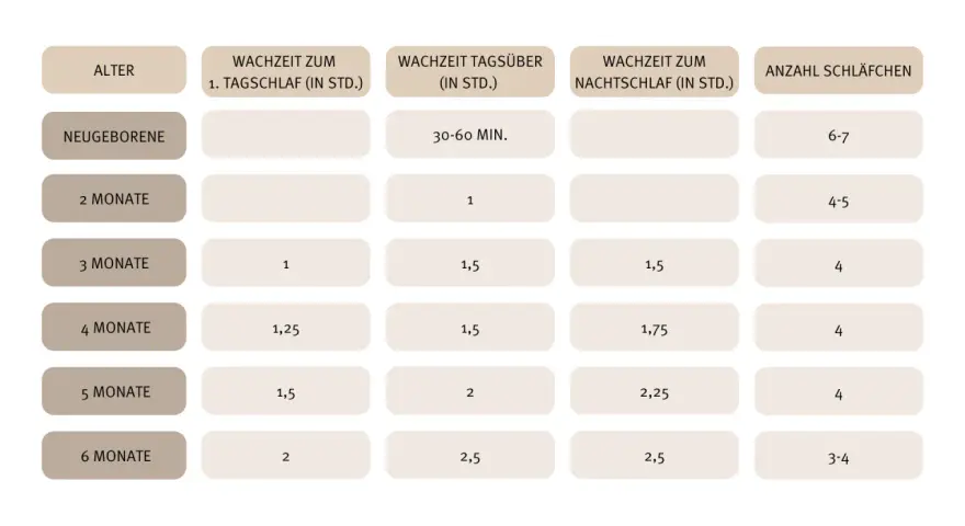 Tabelle zeigt Schlafzeiten für Babys. Für babyschlaf 3 monate: 1 Std. Tagschlaf, 1,5 Std. Nachtschlaf, 4 Schläfchen.