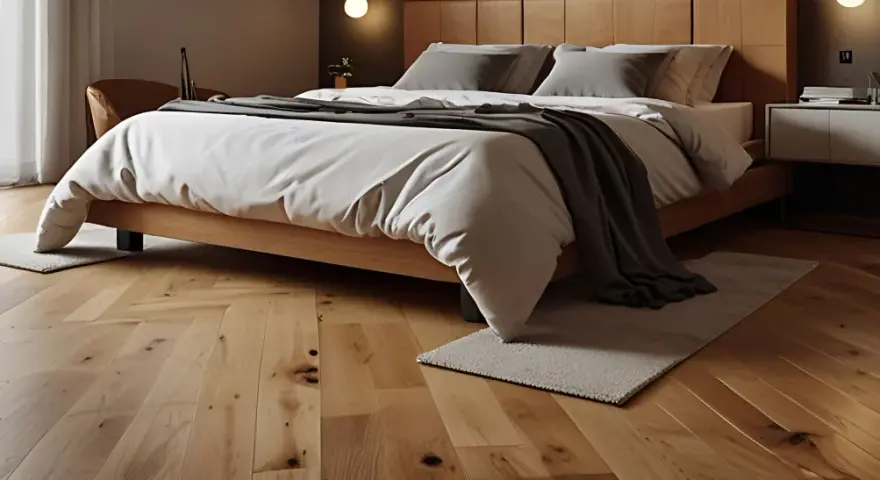 Ein gemütliches Schlafzimmer mit einem Holzbett und einem warmen, natürlichen **bodenbelag schlafzimmer** im Fischgrätmuster.