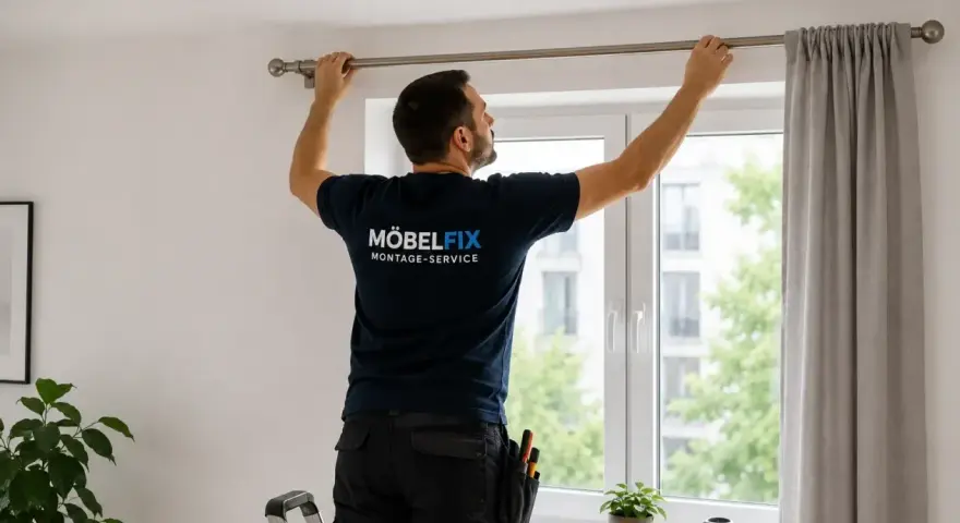 Mann montiert eine Gardinenstange über einem Fenster. Er steht auf einer Leiter und richtet die Stange aus, bevor er sie bohrt.