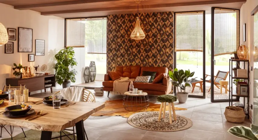 Gemütliches Wohnzimmer mit Ledersofa, Holztisch und afrikanische Muster an der Wand.