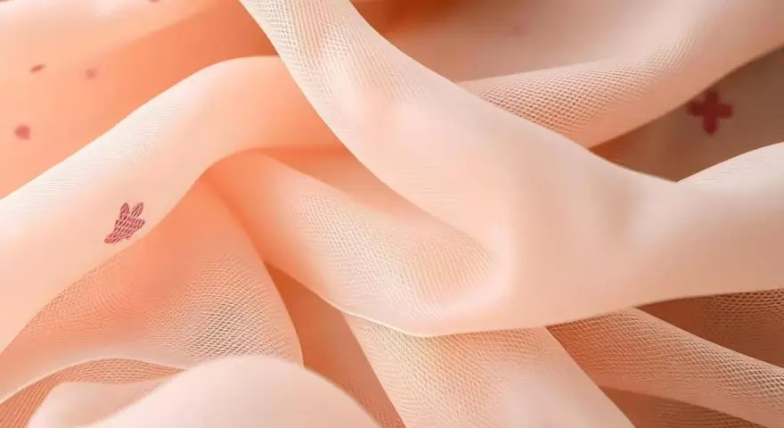 Zartes, pfirsichfarbenes Mesh-Textil mit kleinen, roten Herzchen-Mustern, das sanft fällt und glänzt.