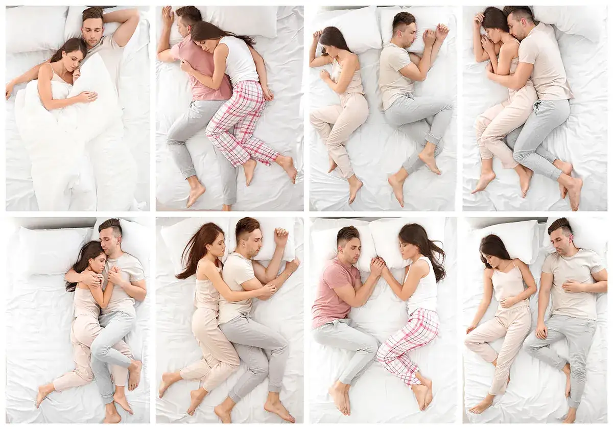 Acht verschiedene Schlafpositionen von Paaren, die Nähe und Intimität zeigen.