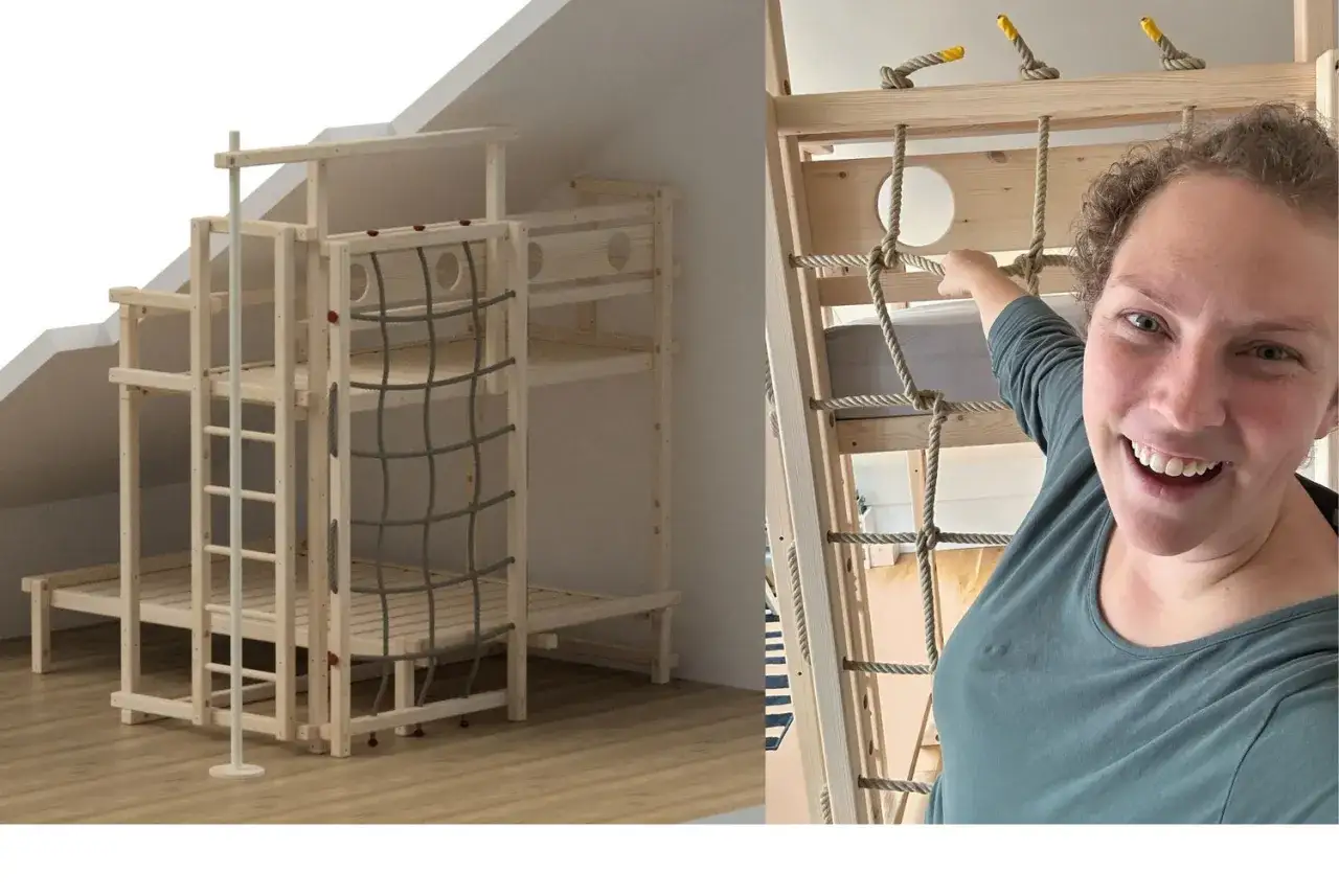 Holz-Hochbett mit Kletterwand und Rutsche. Ab wann ist ein Hochbett sicher? Ab ca. 6 Jahren, wenn Kinder sicher klettern können.