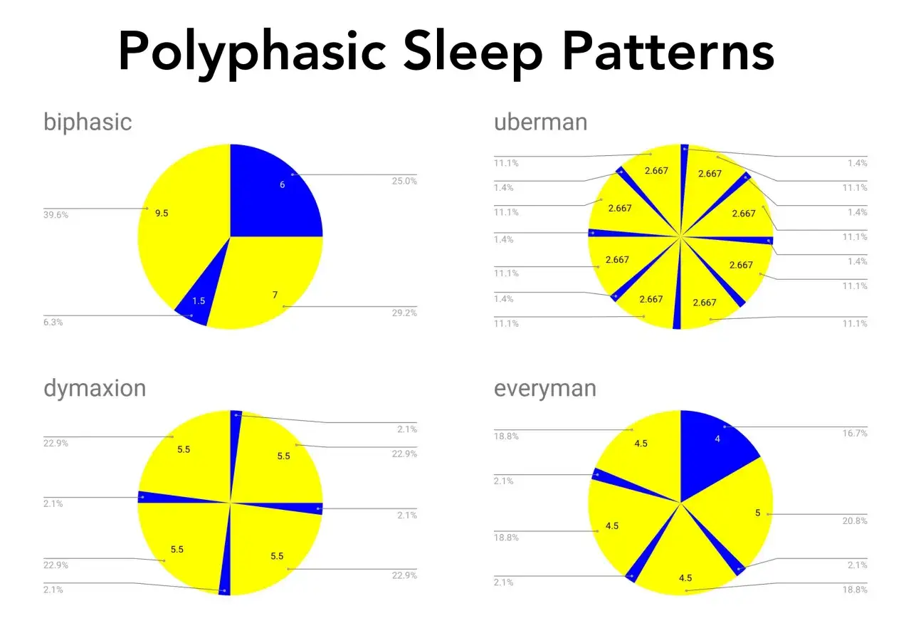 Diagramme zeigen verschiedene polyphasische Schlafmuster wie biphasisch, übermenschlich, dymaxion und everyman, die das Konzept des intervall schlafen veranschaulichen.