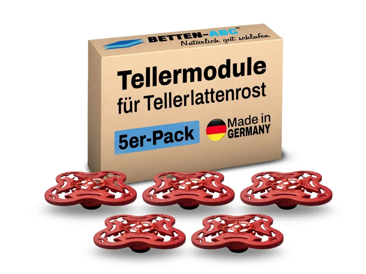 Rote Teller f&uuml;r Tellerlattenrost, 5er-Pack. Diese Module sind ideal, um Ihren Tellerlattenrost zu reparieren oder aufzur&uuml;sten, &auml;hnlich wie bei einem Stiftung Warentest-Sieger. Made in Germany.