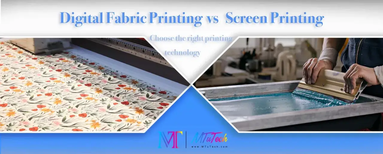Vergleich von Siebdruck oder Digitaldruck auf Stoff. Links: Stoff mit Blumenmuster, bedruckt von einem digitalen Drucker. Rechts: Hände mit Rakel, die Farbe durch ein Sieb für den Siebdruck ziehen.