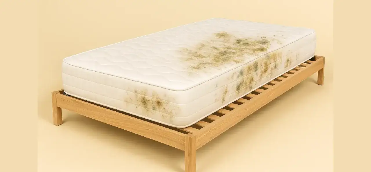 Schimmelbefallene Matratze auf einem Holzbettgestell. Die Matratze ist fleckig und unansehnlich.