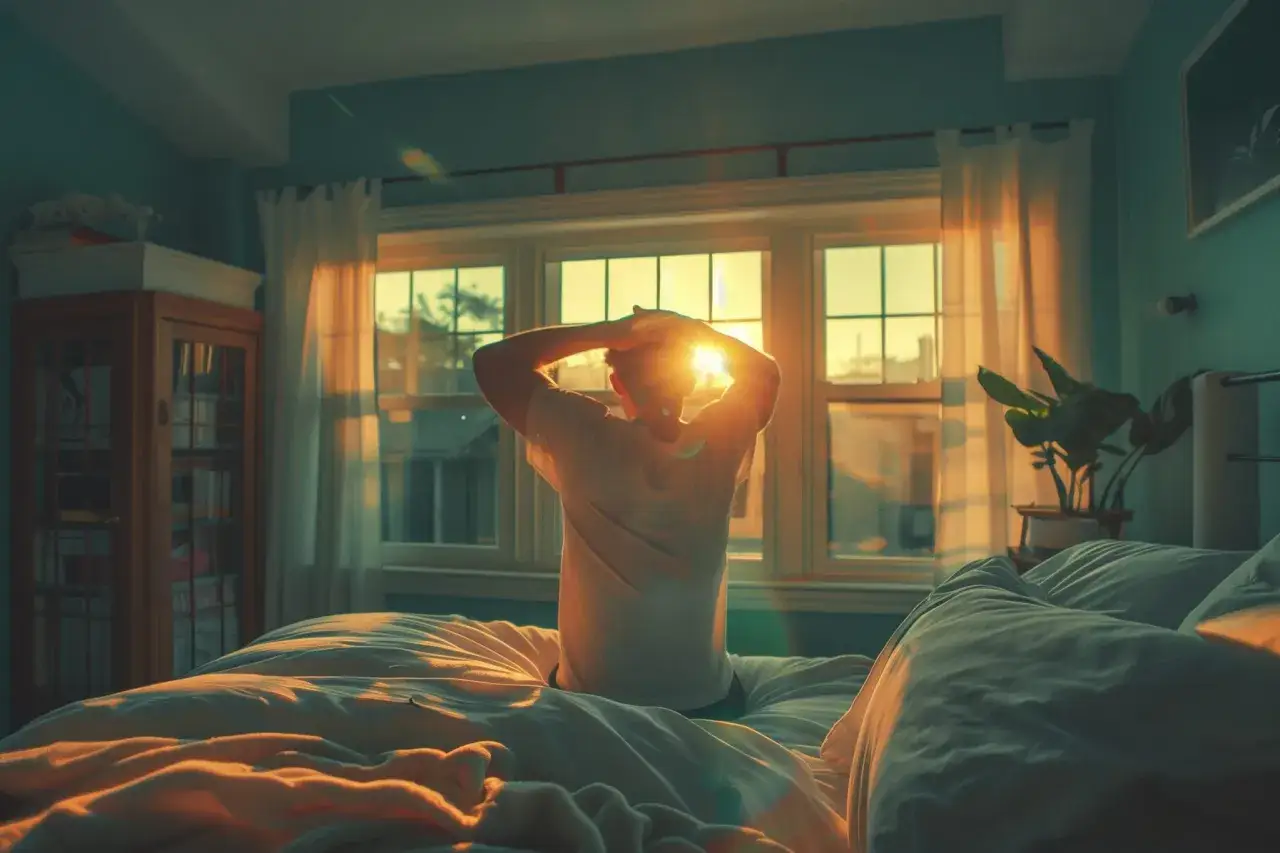 Mann streckt sich im Bett im Sonnenlicht. Zu viel Schlaf ist ungesund, aber dieser Morgen scheint perfekt.