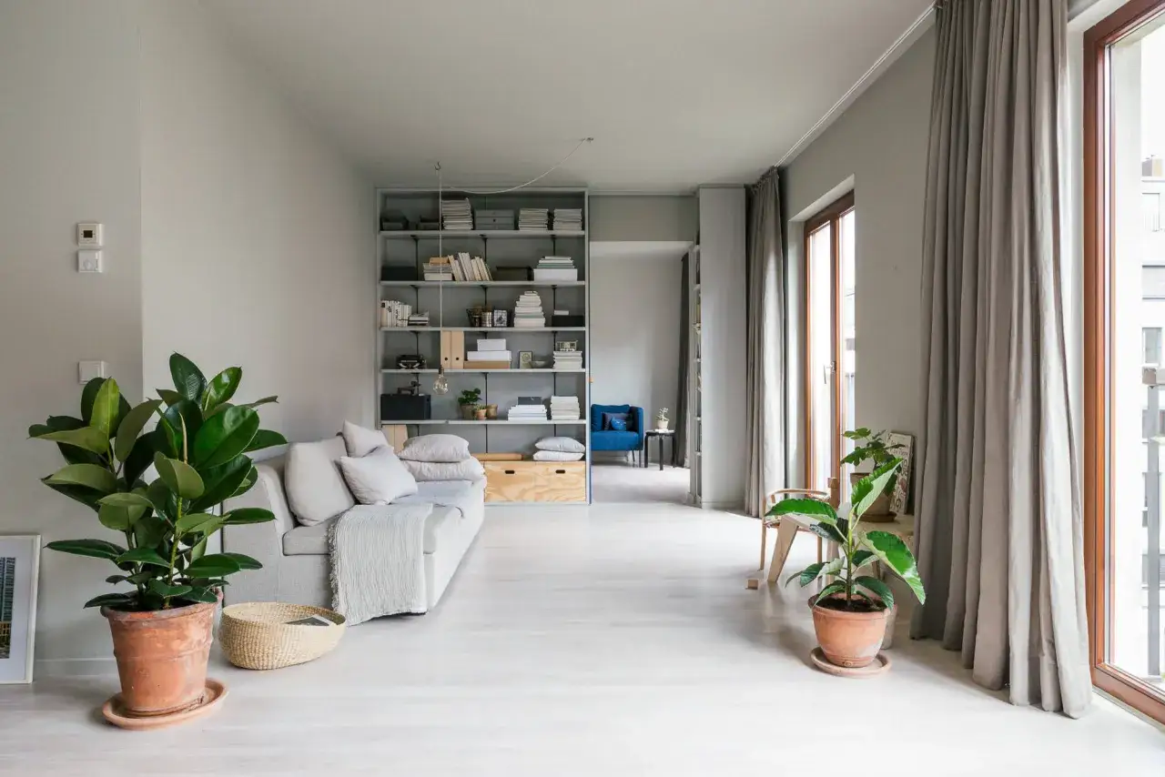 Grauer Vorhang, Farbe und Wirkung: Helle, neutrale T&ouml;ne schaffen eine ruhige Atmosph&auml;re im Wohnzimmer mit Sofa, Regal und Pflanzen.