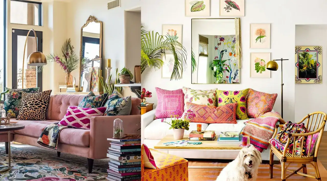 Gemütliche Wohnzimmer mit rosa Sofas, vielen Kissen mit boho Muster und Pflanzen. Ein Hund sitzt vor einem Sessel.