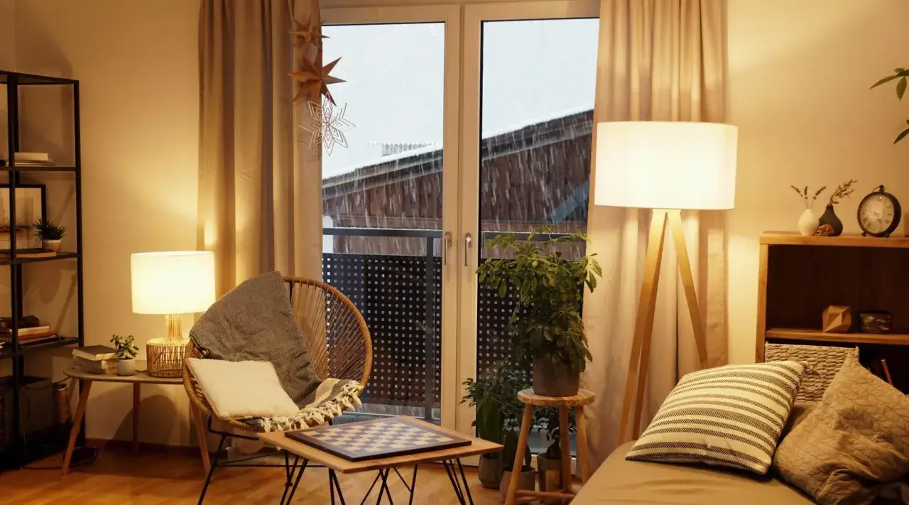 Gem&uuml;tliches Wohnzimmer im schwedischen Wohnstil mit Rattansessel, Schachbrett und Blick auf fallenden Schnee.