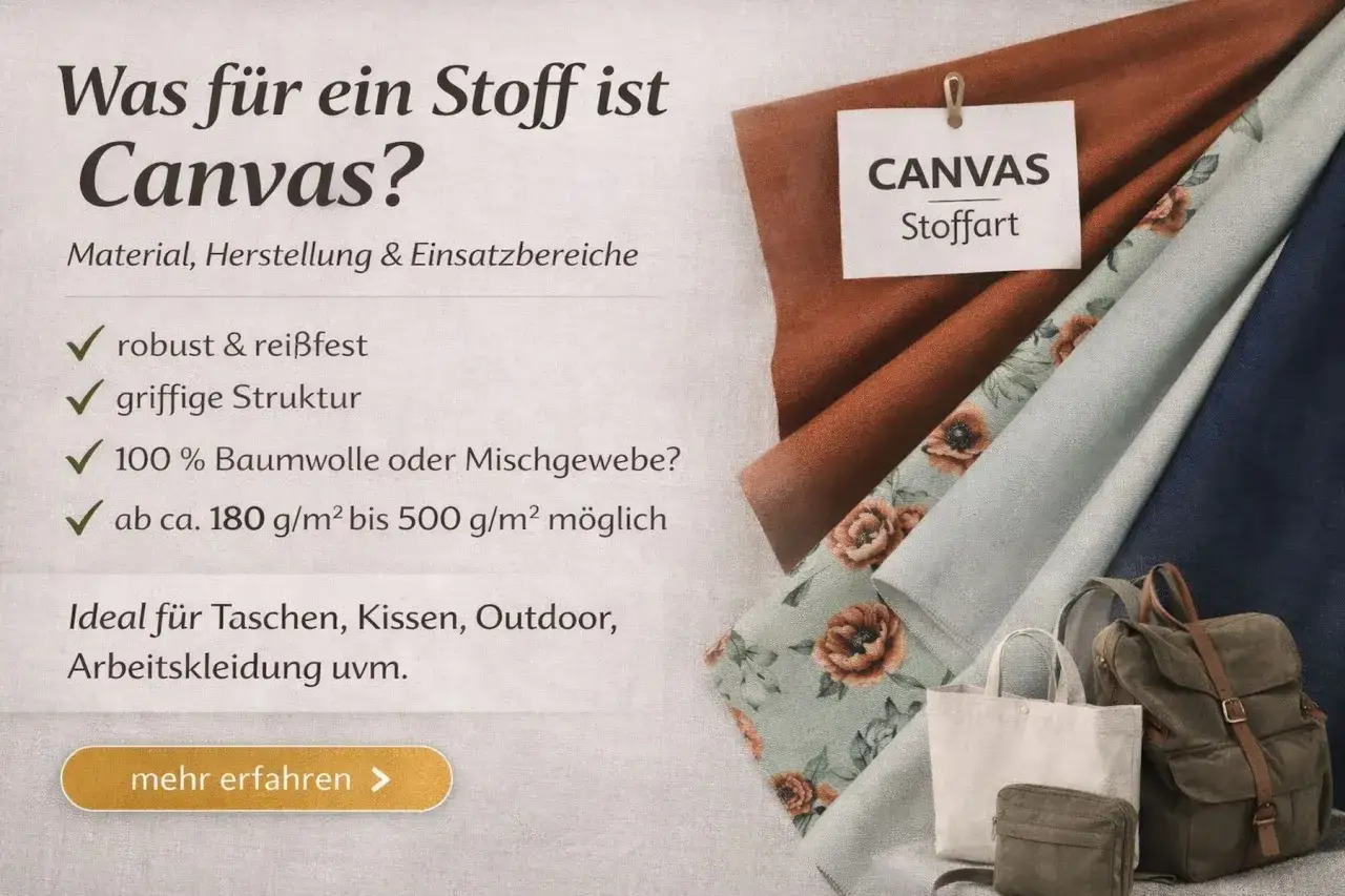 Canvas Stoffart: robust, reißfest, griffige Struktur, 100% Baumwolle/Mischgewebe. Ideal für Taschen, Kissen, Outdoor.