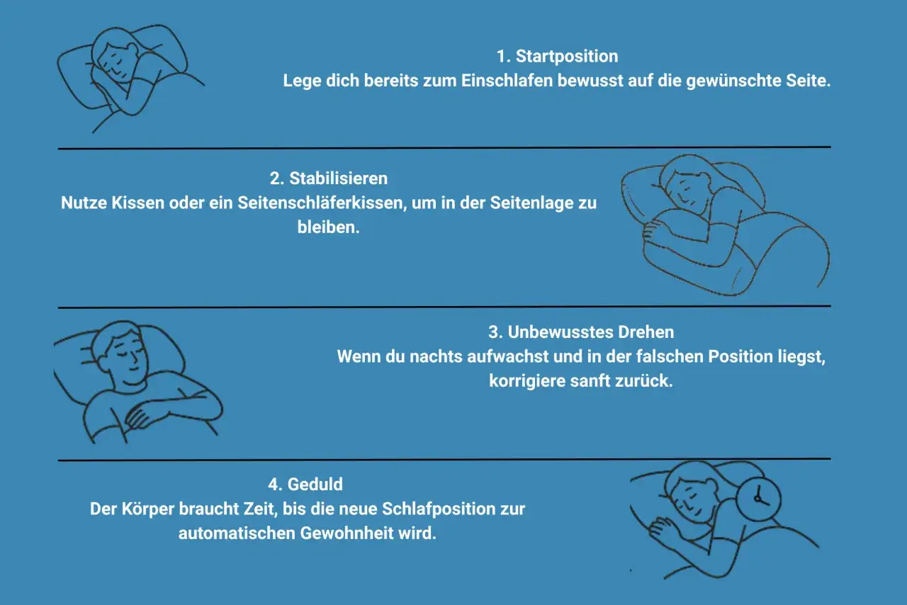 Schlafpositionen: bewusst auf die Seite legen, Kissen nutzen, unbewusstes Drehen korrigieren. Schnarchen flach oder hoch liegen kann so vermieden werden.
