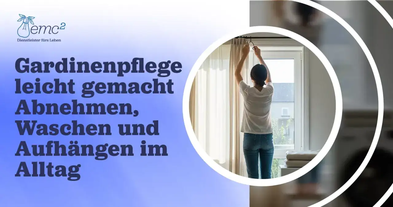 Frau h&auml;ngt Gardinen ab. Einfache Gardinenpflege: Abnehmen, waschen und aufh&auml;ngen im Alltag.