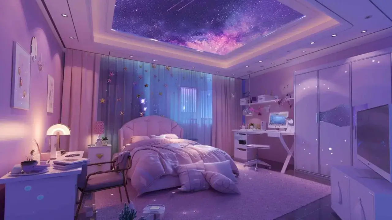 Ein Schlafzimmer mit einem atemberaubenden Galaxy Muster an der Decke und an den W&auml;nden. Sterne und Nebel in Lila und Rosa schaffen eine magische Atmosph&auml;re.