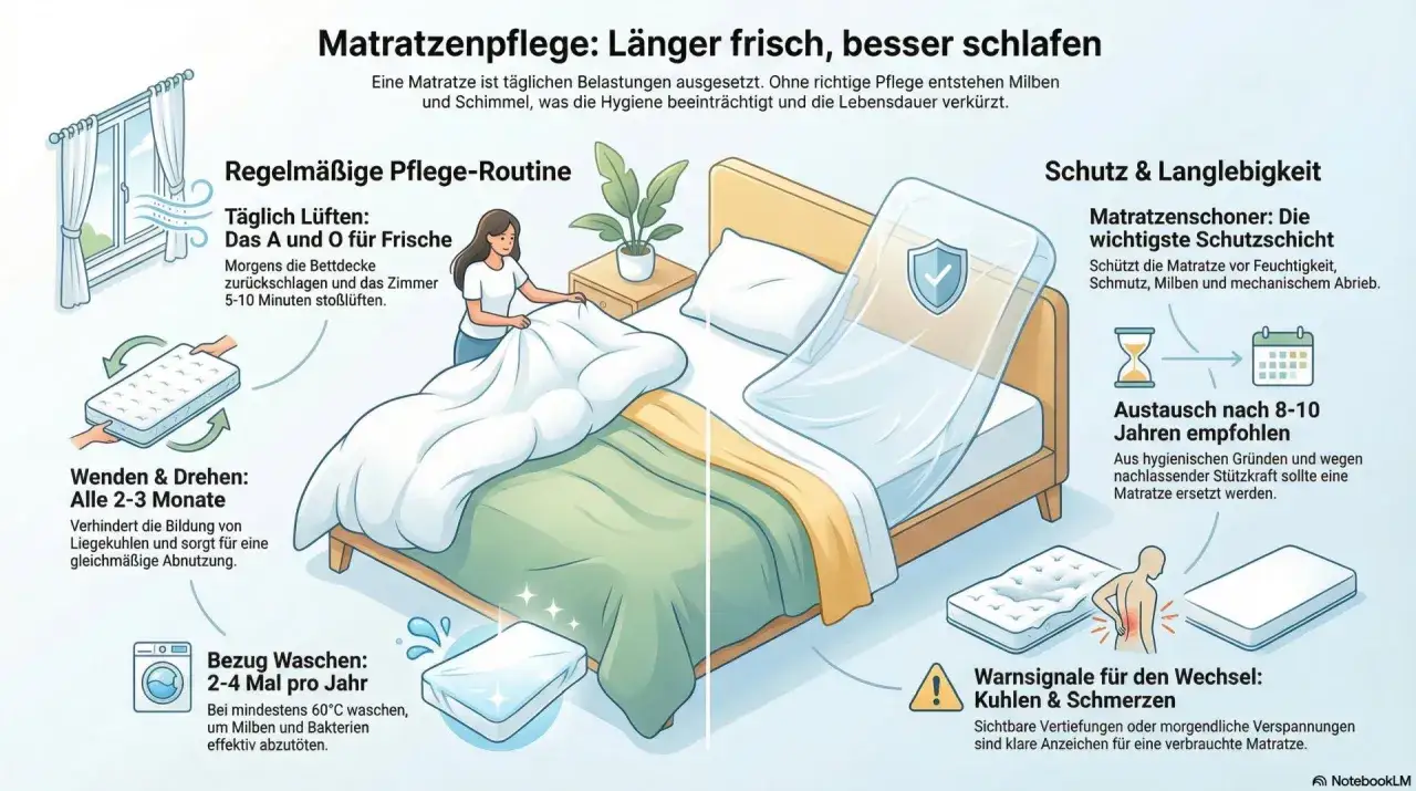 Illustration zeigt Matratzenpflege: Regelm&auml;&szlig;iges L&uuml;ften, Wenden alle 2-3 Monate, Bezug waschen. Wann ist es Zeit, die Matratze zu wechseln? Nach 8-10 Jahren oder bei Kuhlen & Schmerzen.