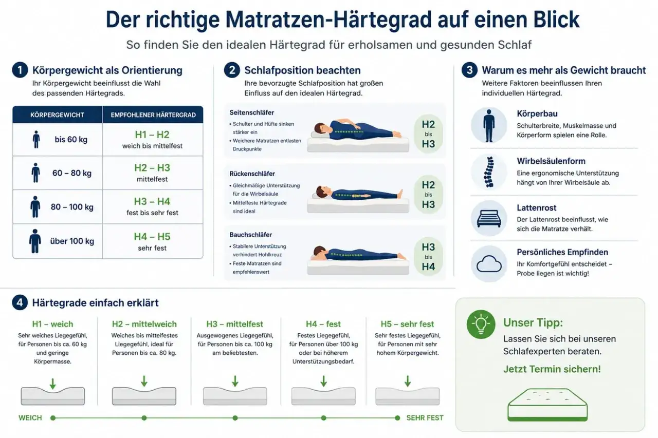 &Uuml;bersicht &uuml;ber Matratzen-H&auml;rtegrad-Unterschiede: K&ouml;rpergewicht, Schlafposition und K&ouml;rperbau beeinflussen die Wahl des idealen H&auml;rtegrades f&uuml;r Ihren Schlaf.