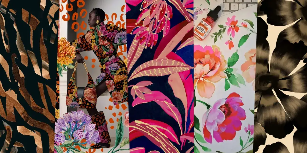 Kreatives Stoffdesign erstellen: Collage aus floralen Mustern, Tierprints und abstrakten Formen.