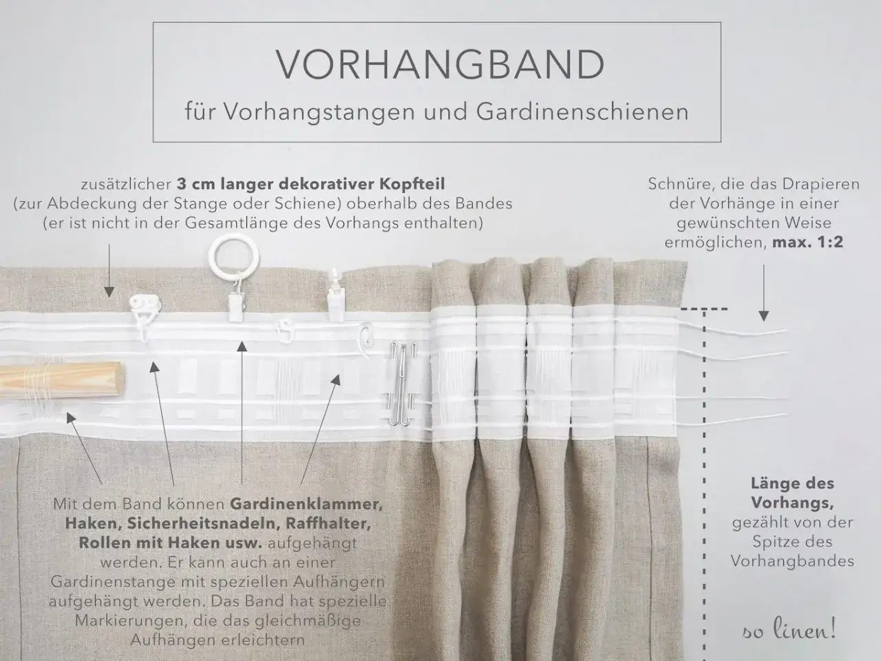 So funktioniert multifunktionsband gardine: Haken, Klammern & Co. werden an den Markierungen befestigt. Schn&uuml;re erm&ouml;glichen das Drapieren.