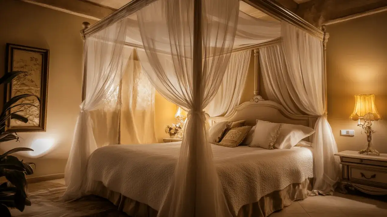 Ein prachtvolles Himmelbett im mittelalterlichen Stil, umhüllt von zarten Stoffen, lädt zum Träumen ein.
