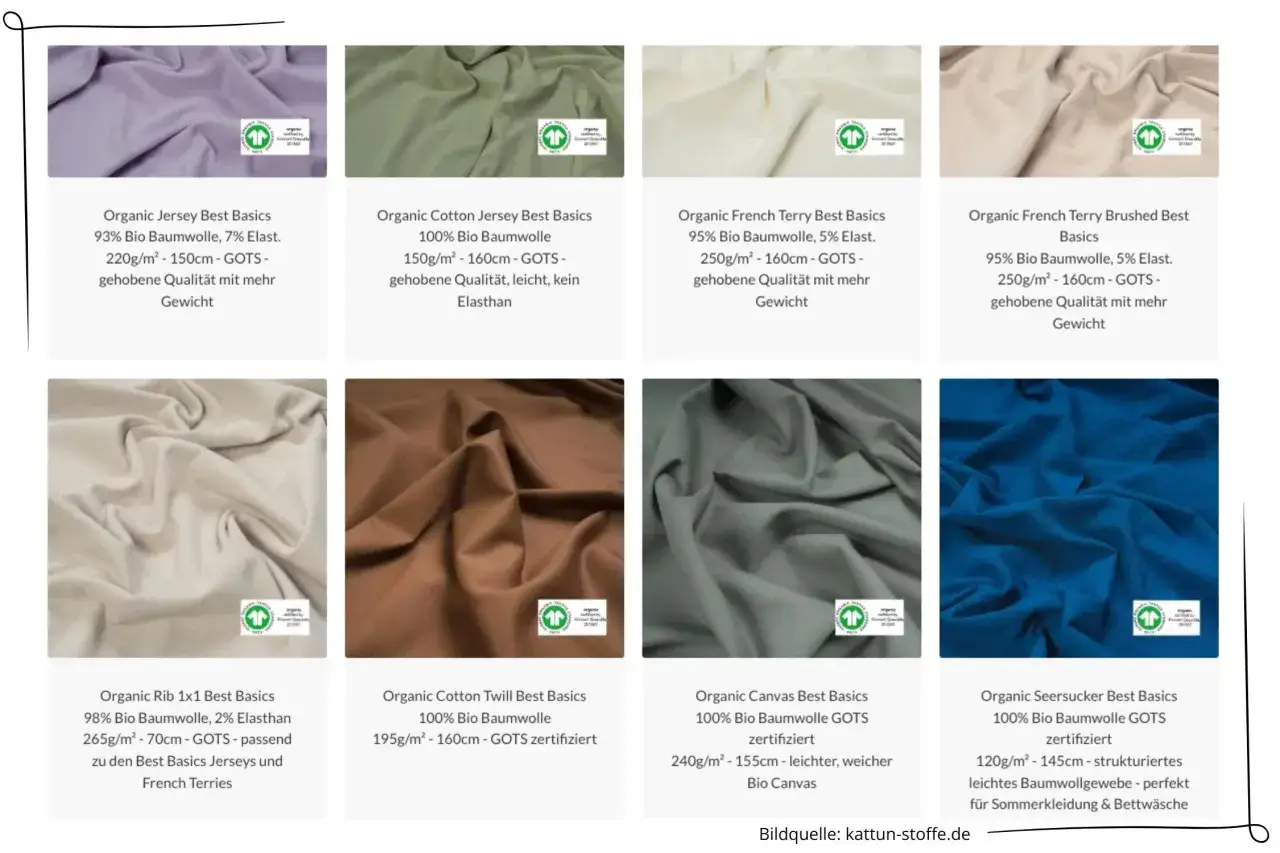 Verschiedene Stoffe aus Bio Baumwolle: Jersey, French Terry, Rib, Twill, Canvas und Seersucker in diversen Farben und Qualit&auml;ten.