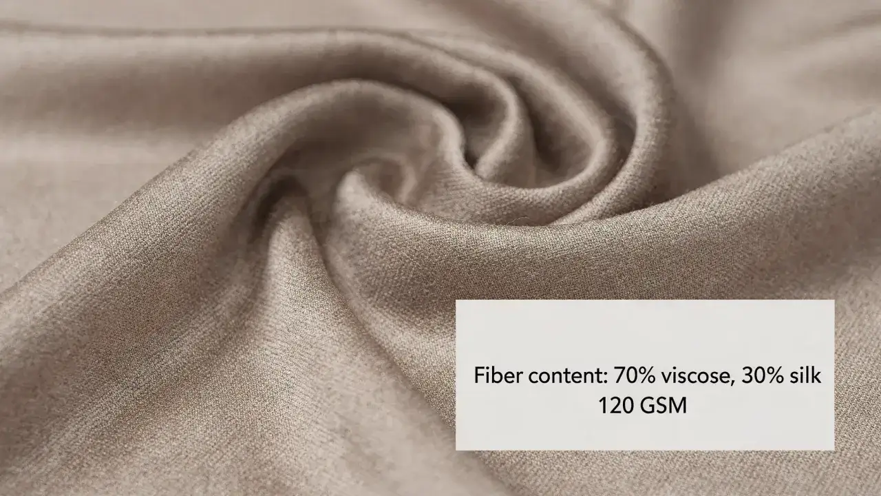 Stoff mit 70% Viskose, einer Naturfaser, und 30% Seide. Die Textur ist weich und fließend.