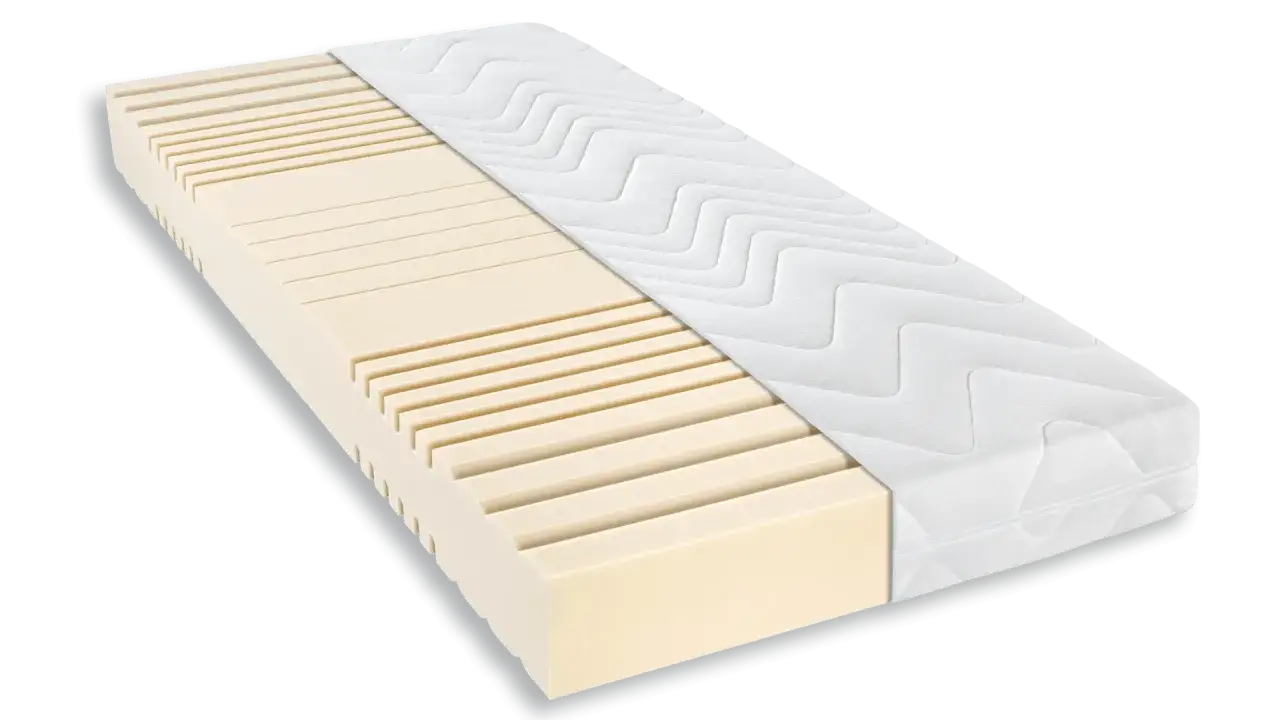 Matratze mit offenporiger Struktur, die entweder aus Latex oder Kaltschaum gefertigt ist, bietet optimalen Schlafkomfort.