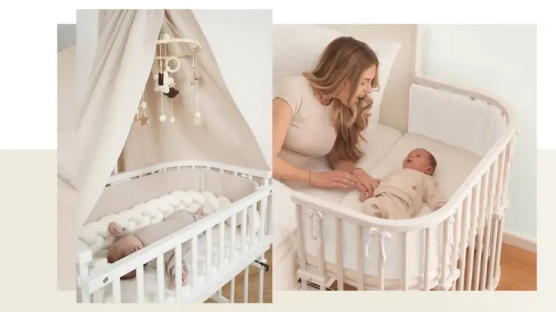 Ein Babybett neben dem Elternbett. Ein süßer Säugling schläft friedlich, während eine Mutter ihr Neugeborenes im Arm hält.