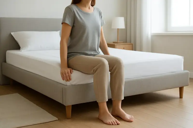 Frau sitzt auf einem Bett. Die Höhe der Matratze ist entscheidend, wie hoch sollte eine Matratze sein für optimalen Komfort.