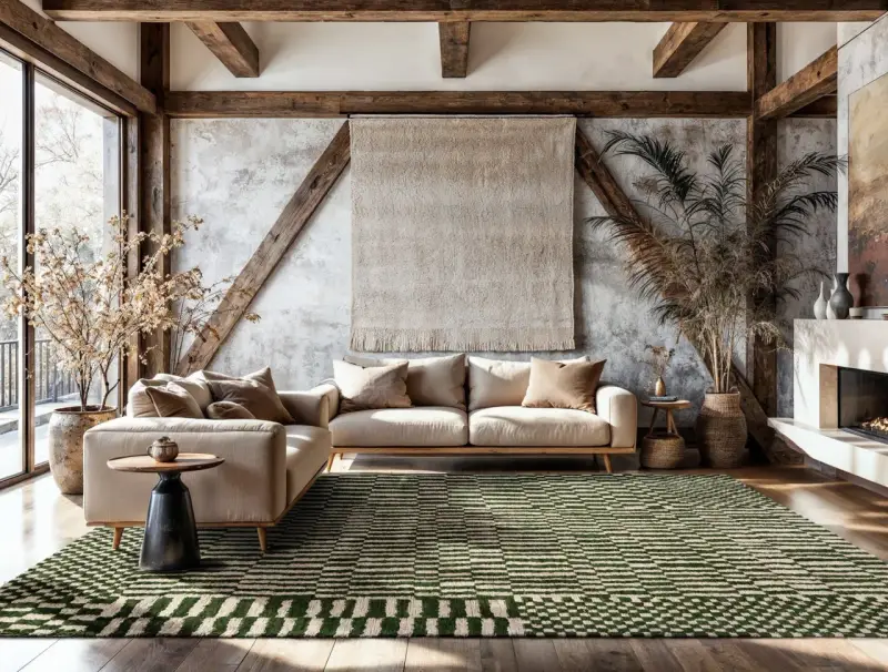 Grüner Teppich mit geometrischem Muster ist dunkler als die helle Couch. Rustikales Wohnzimmer mit Holzbalken und Kamin.